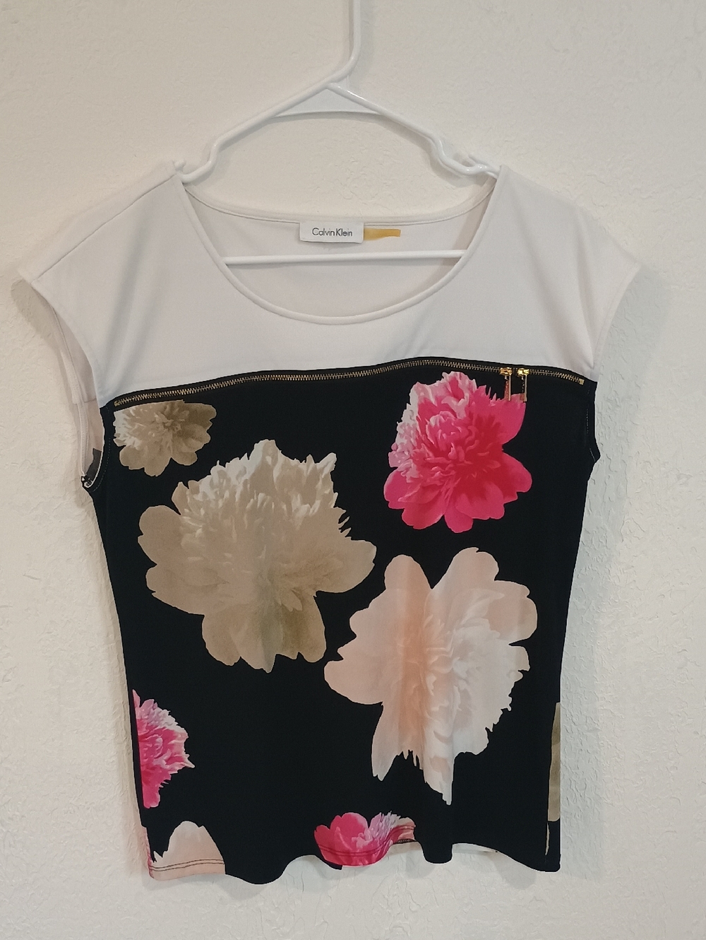 Calvin Klein Black Floral Top with White Yoke and Gold Zip
